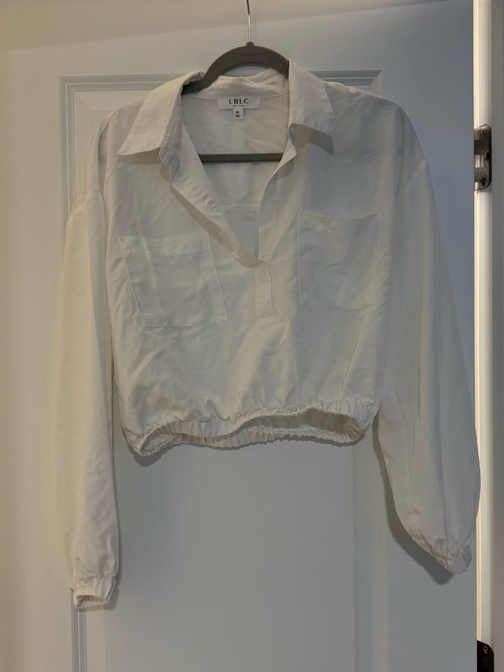 LBLC The Label White Cropped Collared Long Sleeve Blouse Size Medium